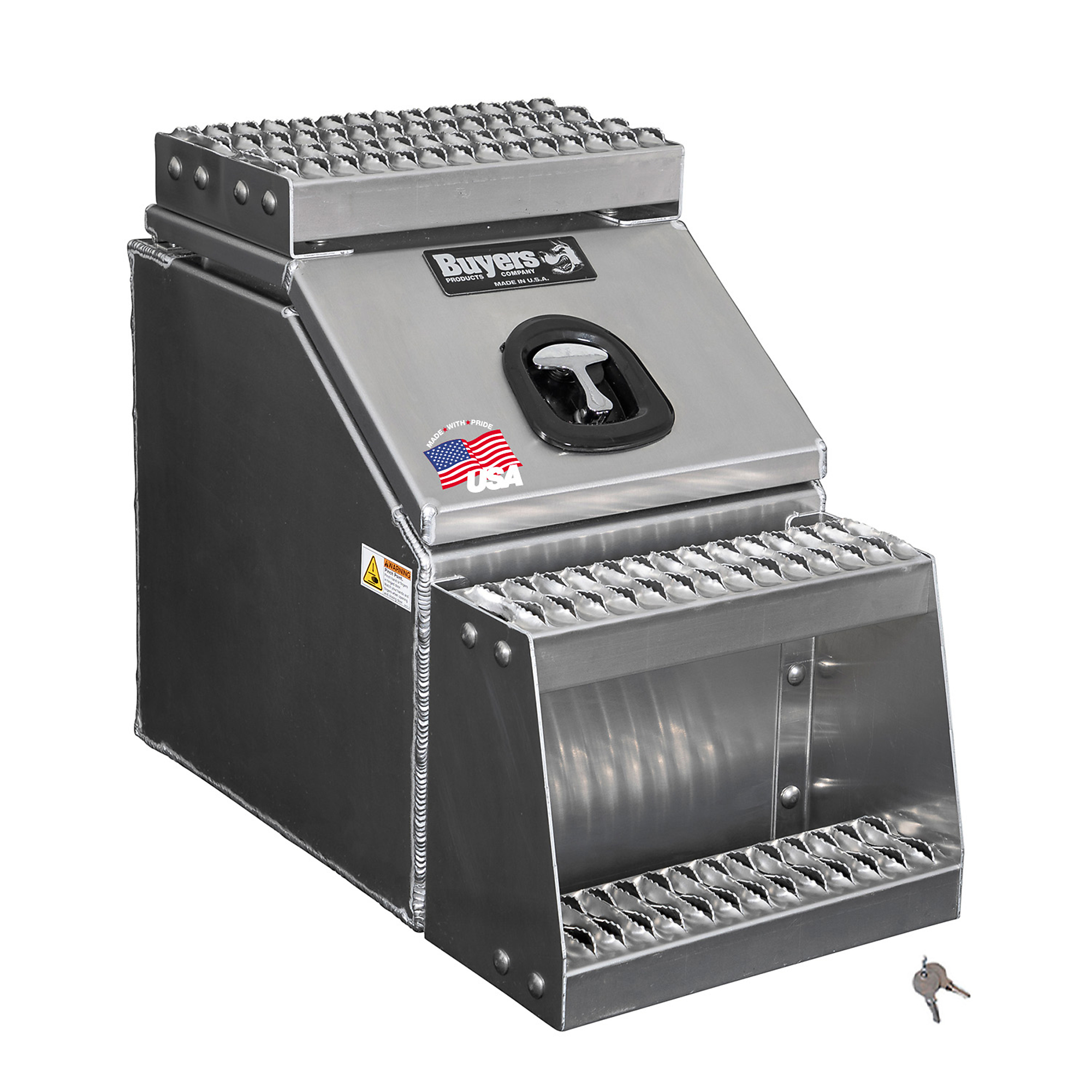 Buyers Products, 16in. Wide Saddle Side Step Semi Truck Tool Job Storage Box, Width 16 in, Material Aluminum, Color Finish Diamond Plate Silver, Model# 1705285